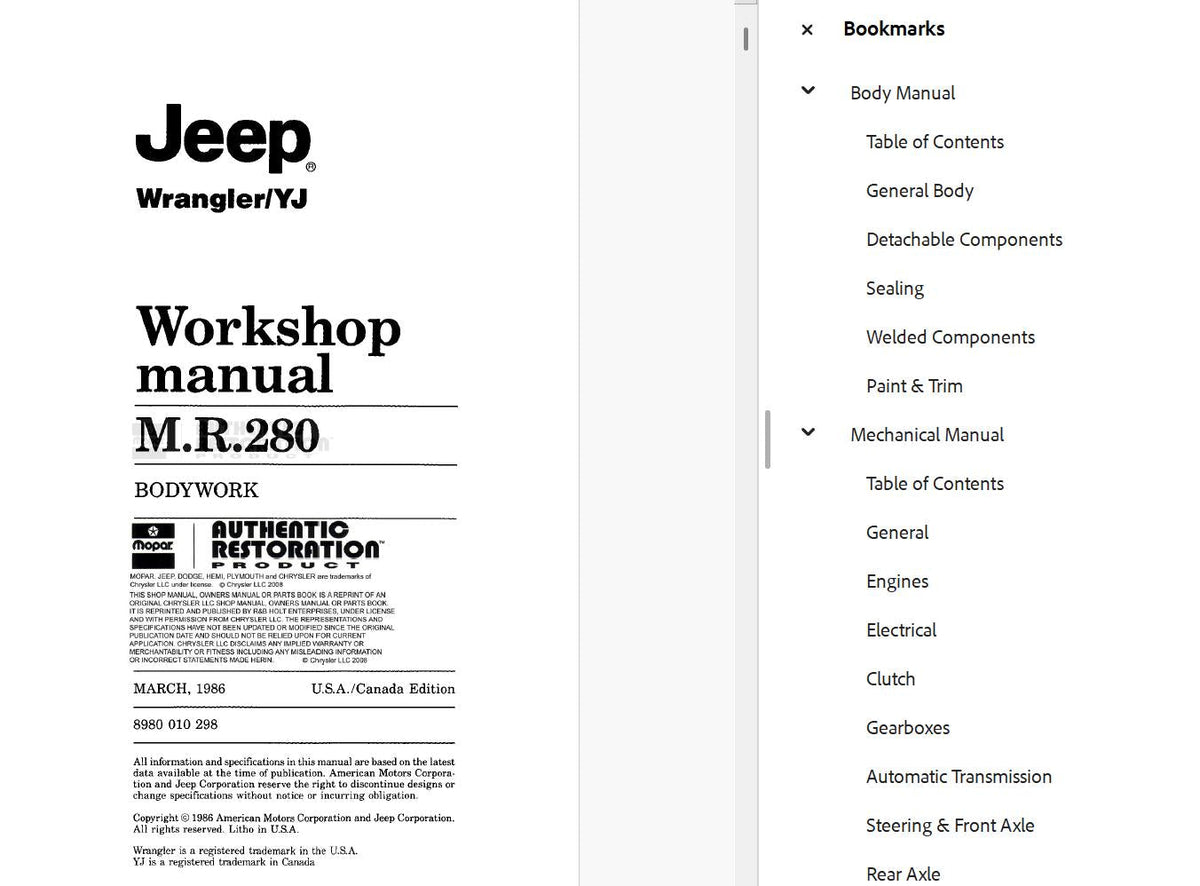 Jeep Wrangler YJ 1987-1991 Service Workshop Manual